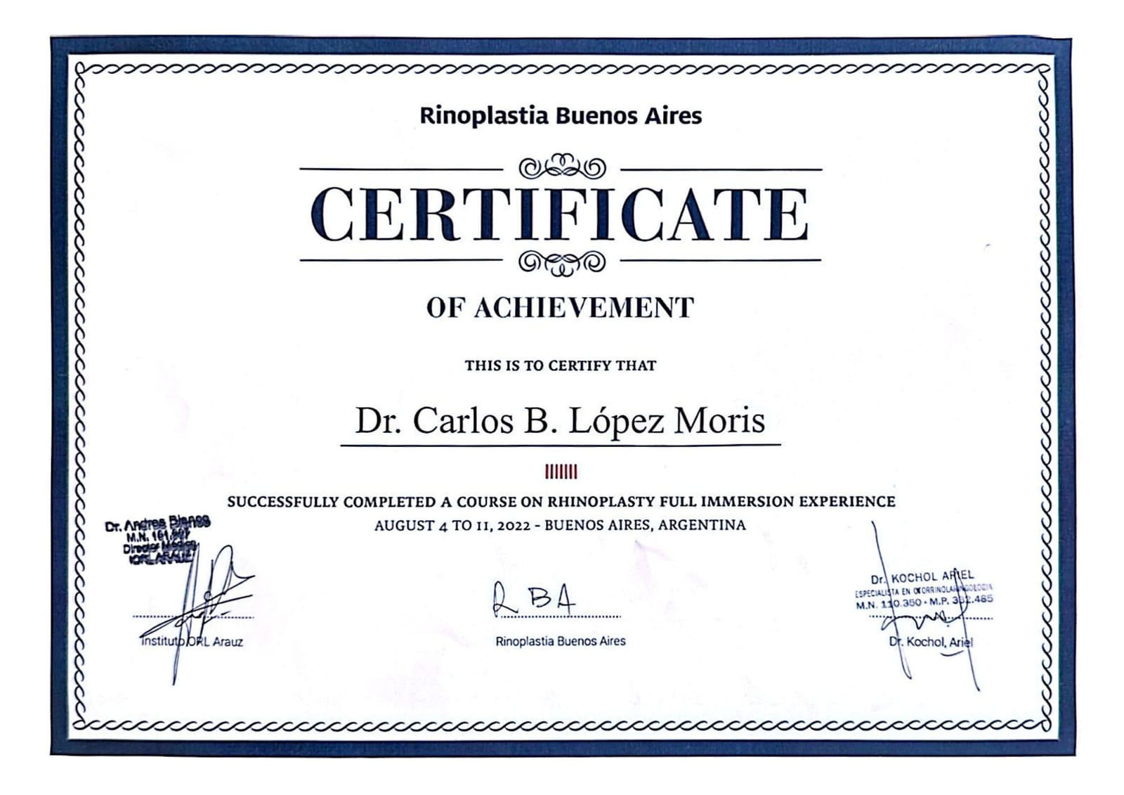 Diploma: Rhinoplasty Full Immersion Experience — Rinoplastia de Buenos Aires
