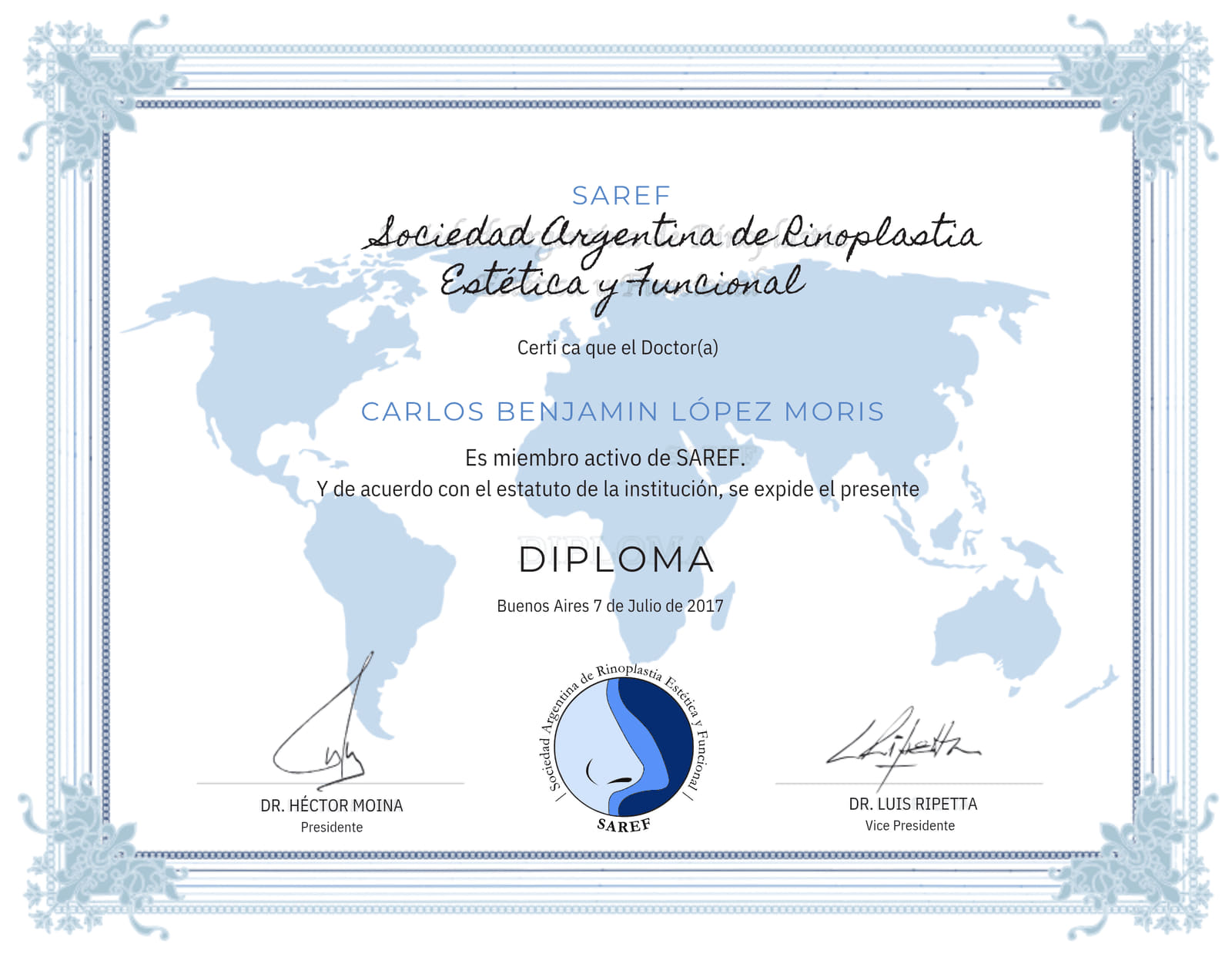 Diploma: Miembro Activo — Sociedad Argentina de Rinoplastia Estética y Funcional